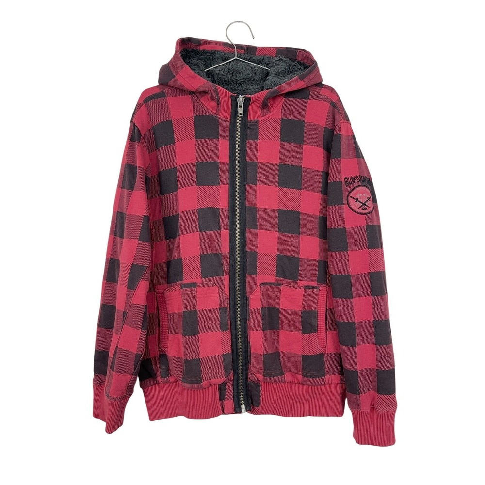 Vintage Y2K Quiksilver Plaid Full Zip Hoodie Sherpa Red Black Medium Skater Surf